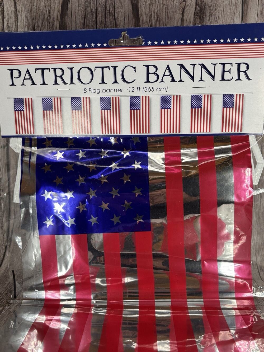4TH OF JULY,Silver Foil Patriotic Banner With 8 Flags 12 FT SHIPS FREE